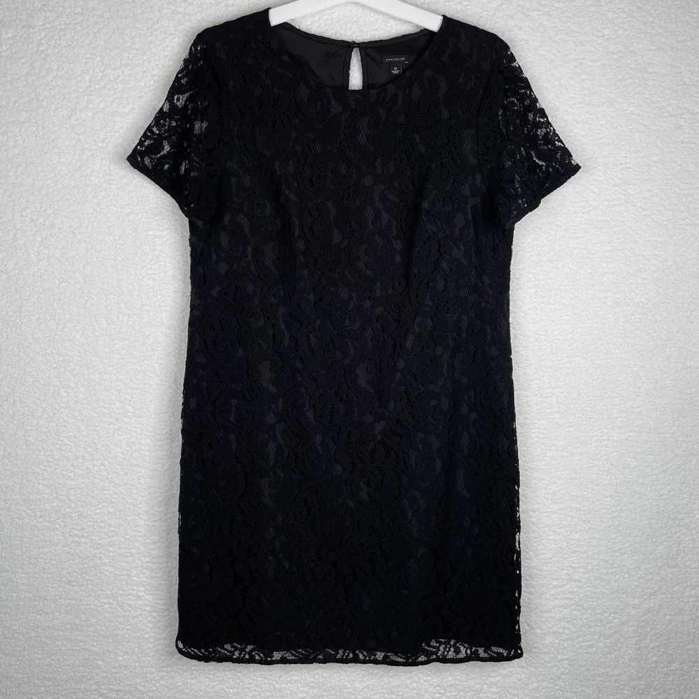 Ann Taylor Womens Black‎ Floral Lace Short Sleeve Shift Dress Sz 12 Keyhole Back